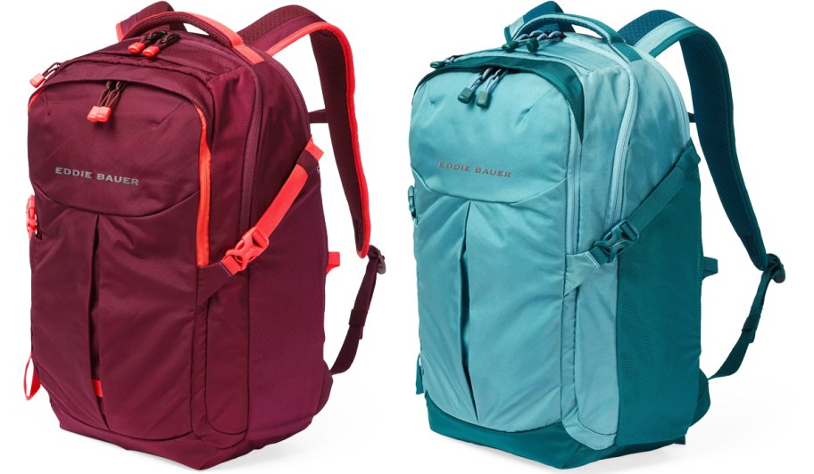 maroon and blue eddie bauer backpacks