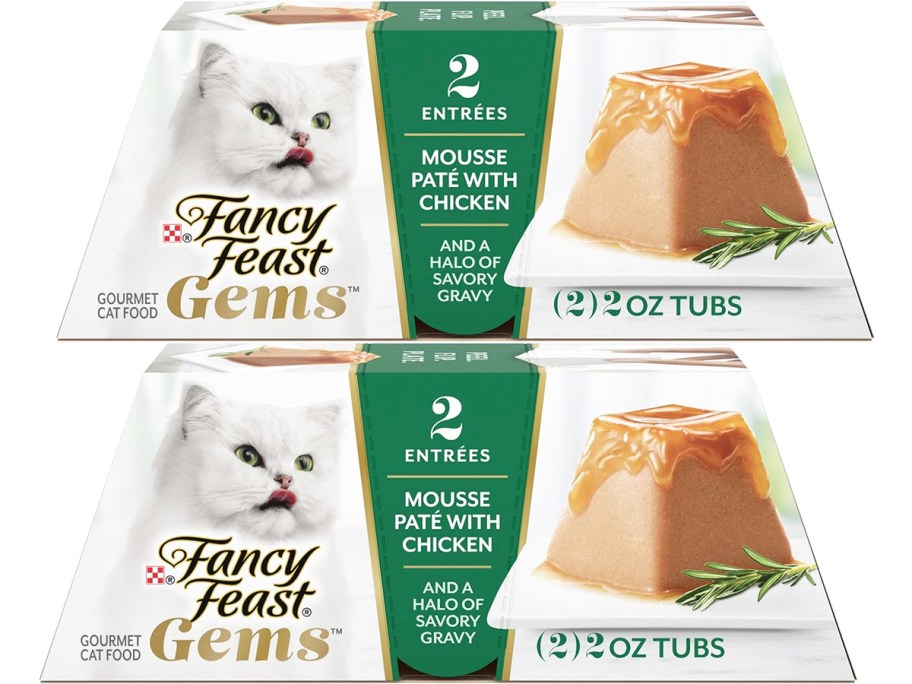 two boxes of Fancy Feast Gems Cat Food Mousse