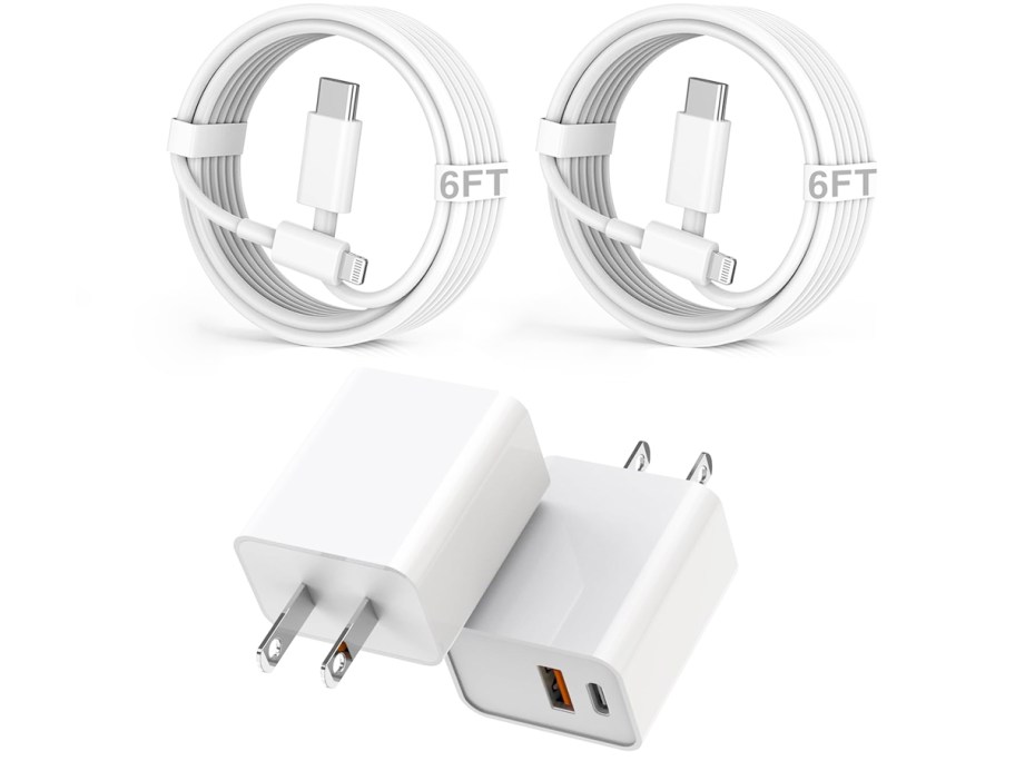 two white charging cables and two charging blocks