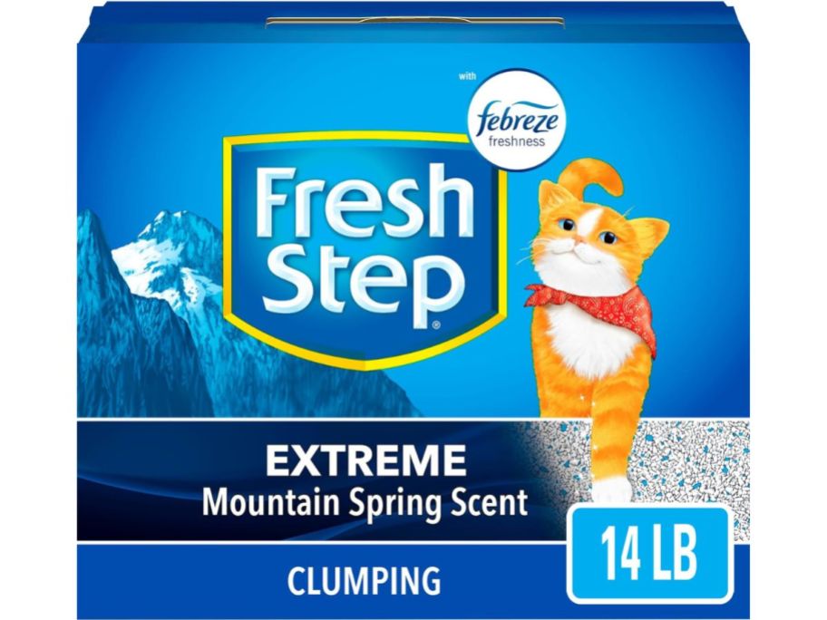 A box of Fresh Step Clumping Cat Litter Mountain Spring Scent With Febreze