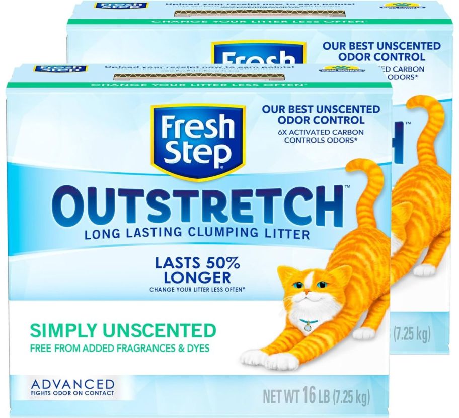 two boxes of fresh step outstretch cat litter in unscented