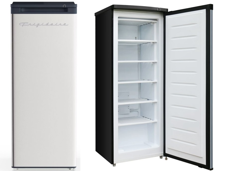 front and opened views of an upright freezer