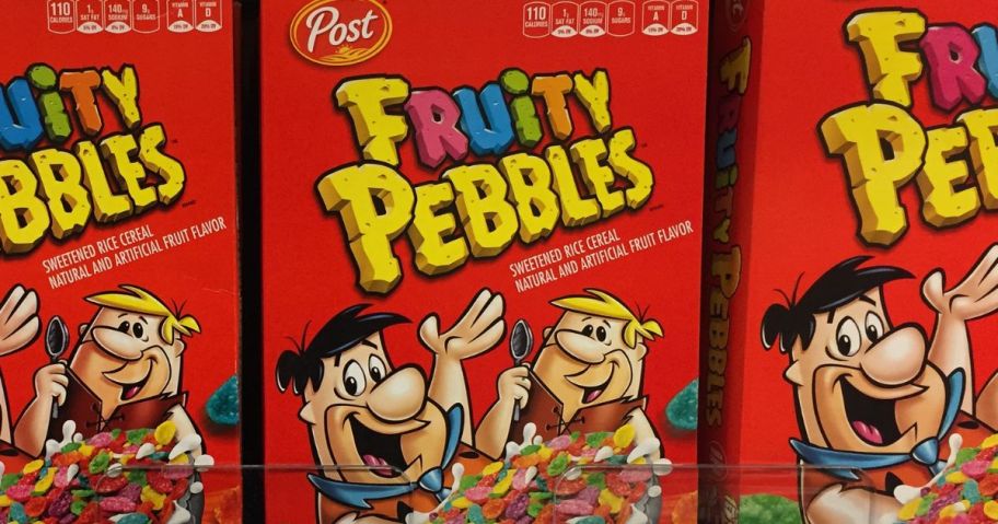 Boxes of Post Fruity Pebbles cereal on a store shelf