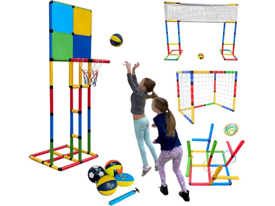 Funphix Create and Play Life Size Structures - Sport Set Build Your Own Basketball, Soccer, Volleyball, Rugby, and Ring Toss Games