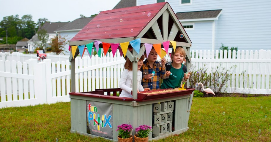 Funphix Funphix Hangout Hut, Kids Outdoor Wooden Playhouse with Sandbox and Tic Tac Toe
