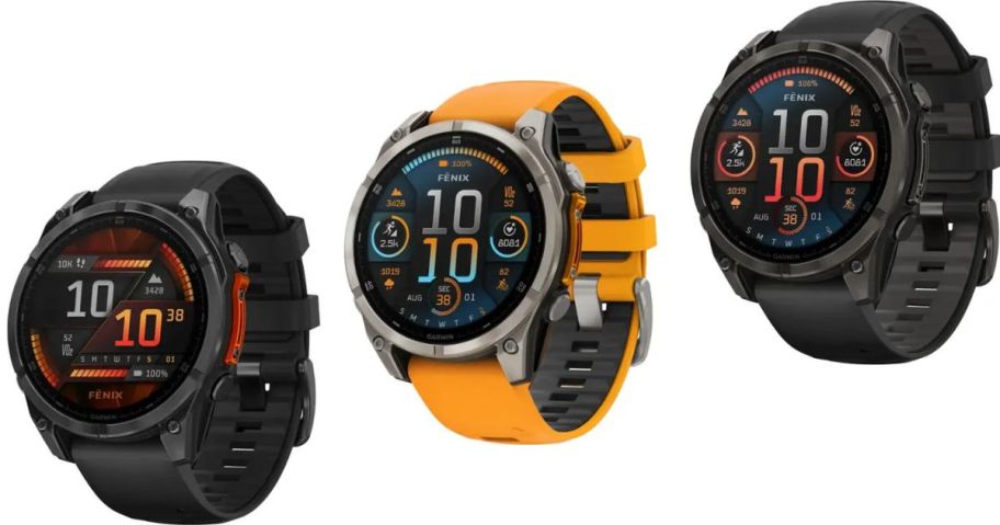 Stock images of 3 Garmi Fenix 8 Smartwatches in different colors