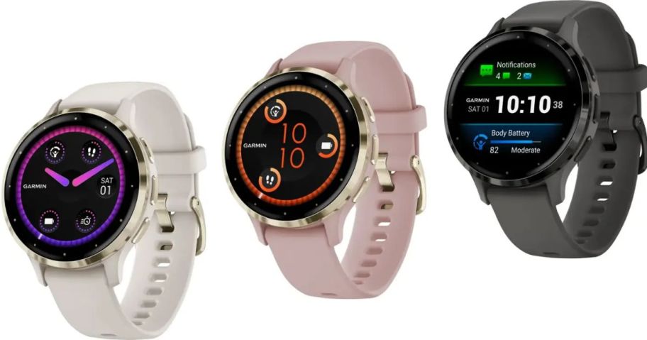 Stock images of three Garmin Venu 3 GPS 41mm Smartwatch in white, pink and black colors