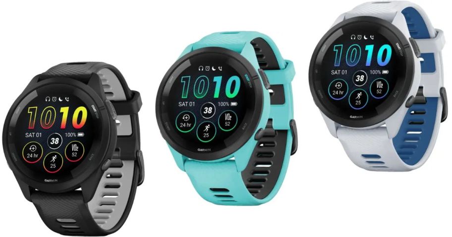 Stock images of 3 Garmin Forerunner Smart Watches n black, turquoise and white 