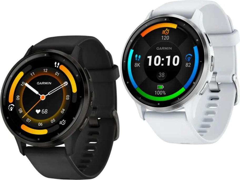 Stock images of two Garmin Venu 3 GPS Smartwatch with black and white bands