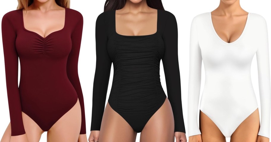 women wearing long sleeve bodysuits with different necklines