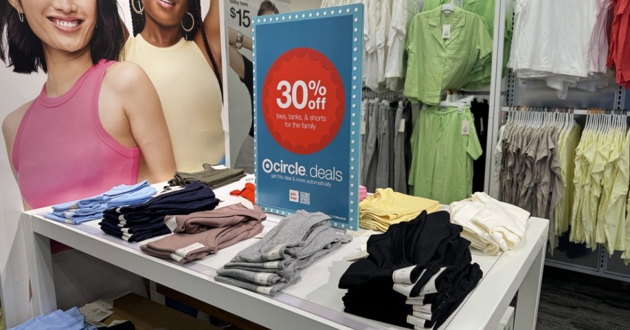 women's clothing shirts section at Target - display table with sign 30% off Circle Week