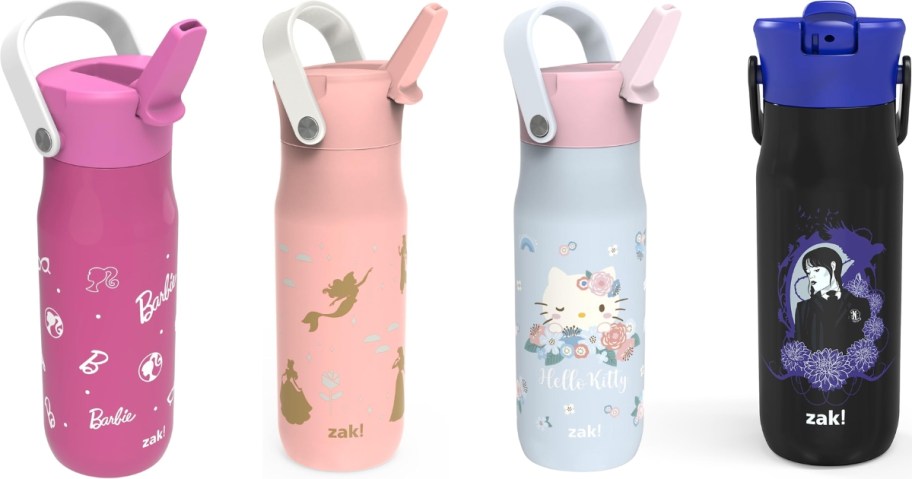 4 stainless steel water bottles with Barbie, Disney Princesses, Hello Kitty, and Wednesday Addams on them