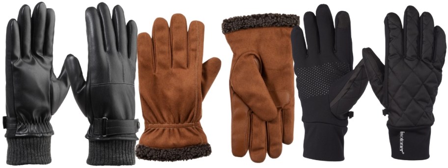 3 pairs of men's gloves, one in black leather, one in brown microsuede with sherpa, one in black insulated thicker style