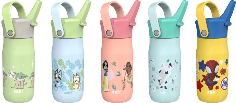 5 stainless steel water bottles with Grogu, Bluey, Disney Princesses, Gabby's Dollhouse cat, and Spiderman on them