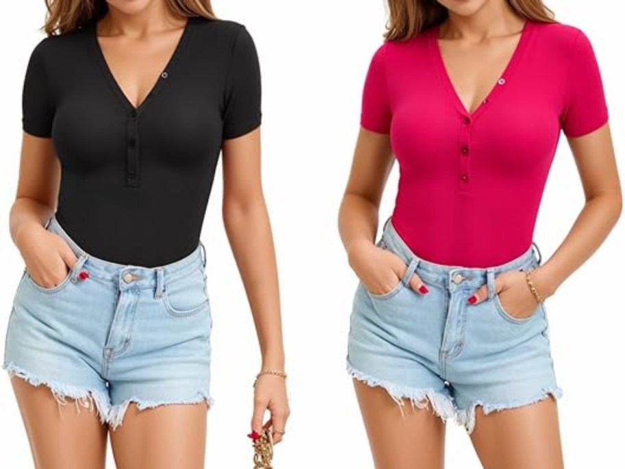 women wearing black and pink vneck henley style bodysuit with jean shorts