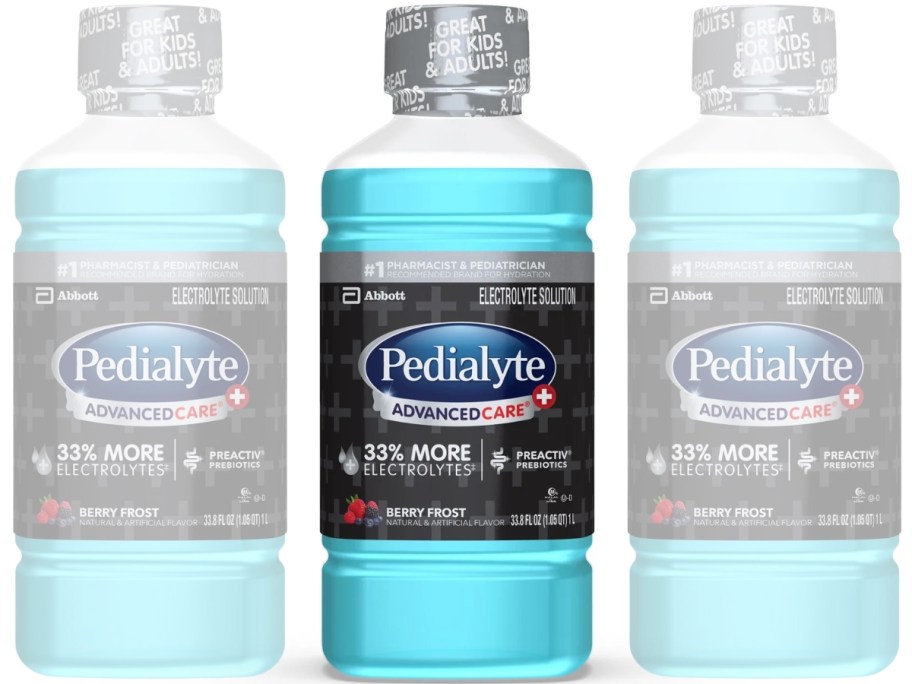 bottle of Pedialyte AdvancedCare Plus Berry Frost with 2 other bottles slightly transparent