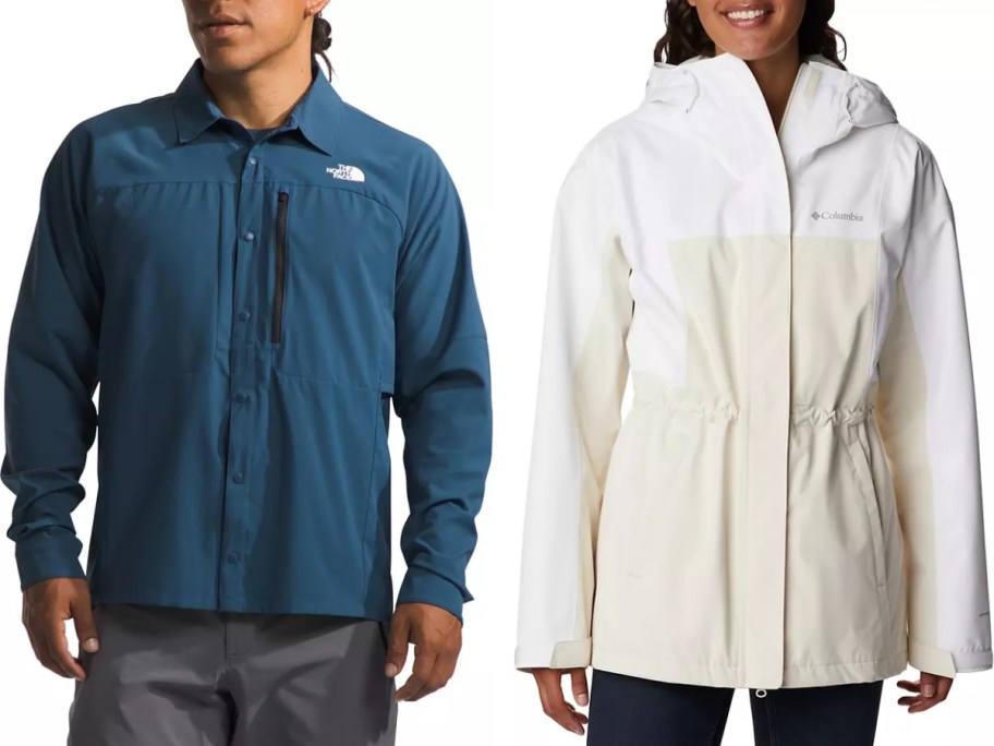 man wearing a teal green the north face shirt and woman wearing a white and off white columbia jacket