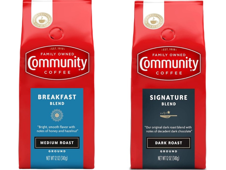 two bags of Community Coffee ground coffee