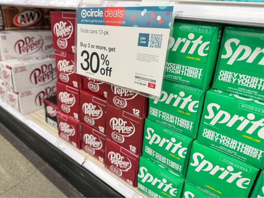 Sprite and Dr. Pepper 12 pack cans on shelf at Target with a sign that says 30% off when you buy 3 packs