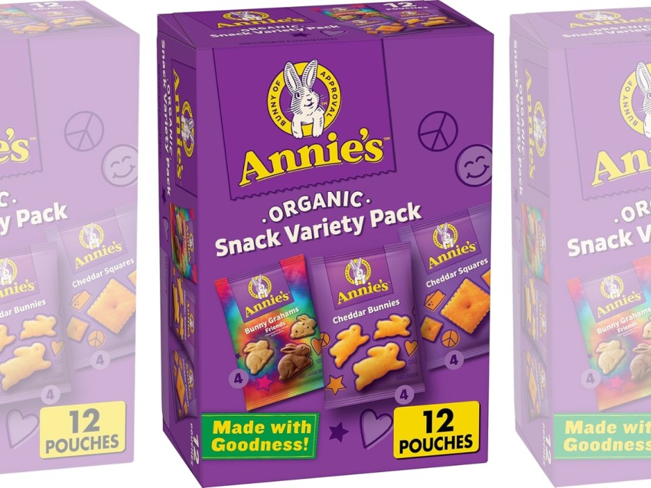 box of Annie's Organic Cheddar Bunnies, Bunny Grahams & Cheddar Squares 12-Count with transparent cut off boxes on each side