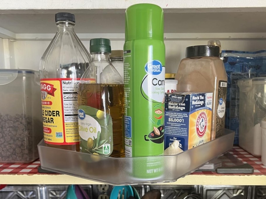 plastic lazy susan organizer in a pantry with baking items