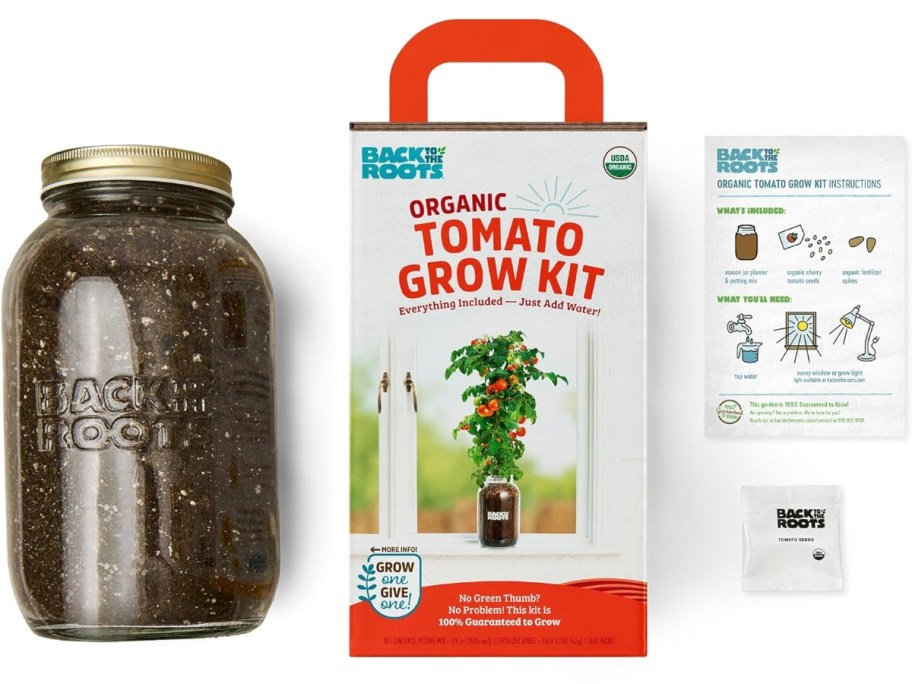 Back to the Roots Cherry Tomato Organic Windowsill Planter Kit with jar of soil, box and instructions shown