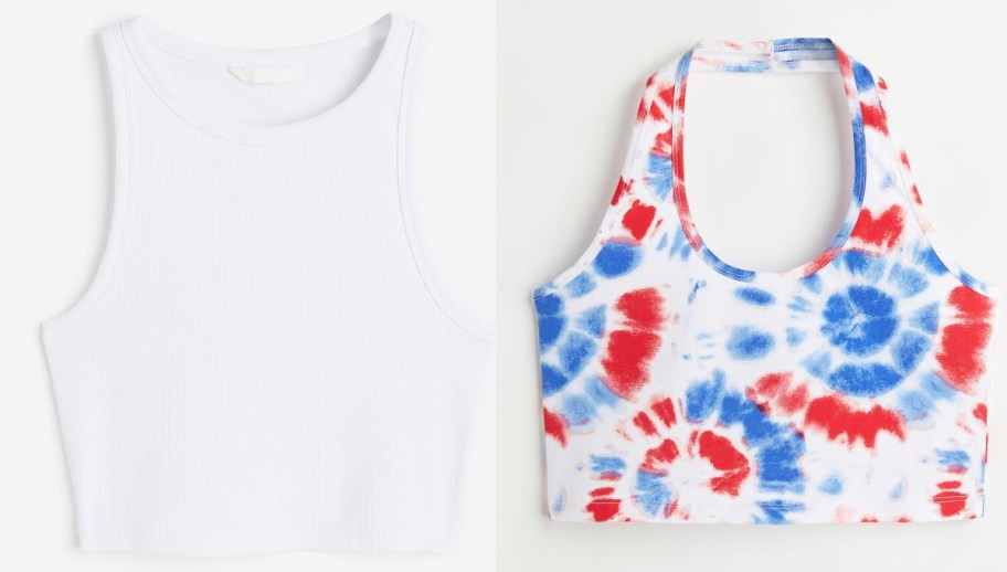 plain white and red/blue tie dye tops