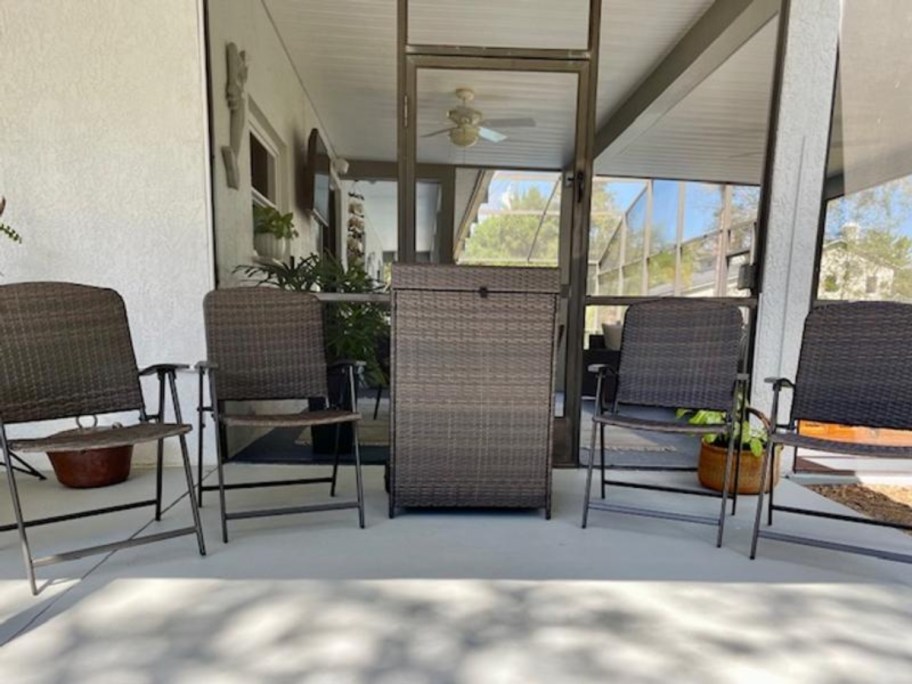 Hampton Bay Woven Folding Wicker Outdoor Storage Box w/ Four Woven Wicker Chairs