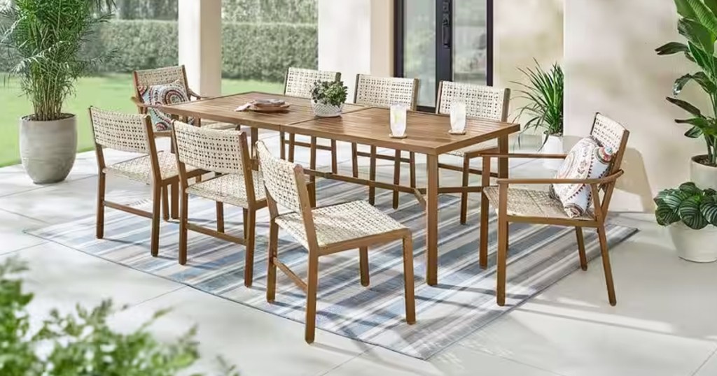 wood dining chairs surrounding an outdoor patio table