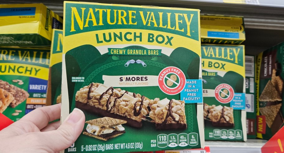 Hand holding nature valley lunch box bar at the store