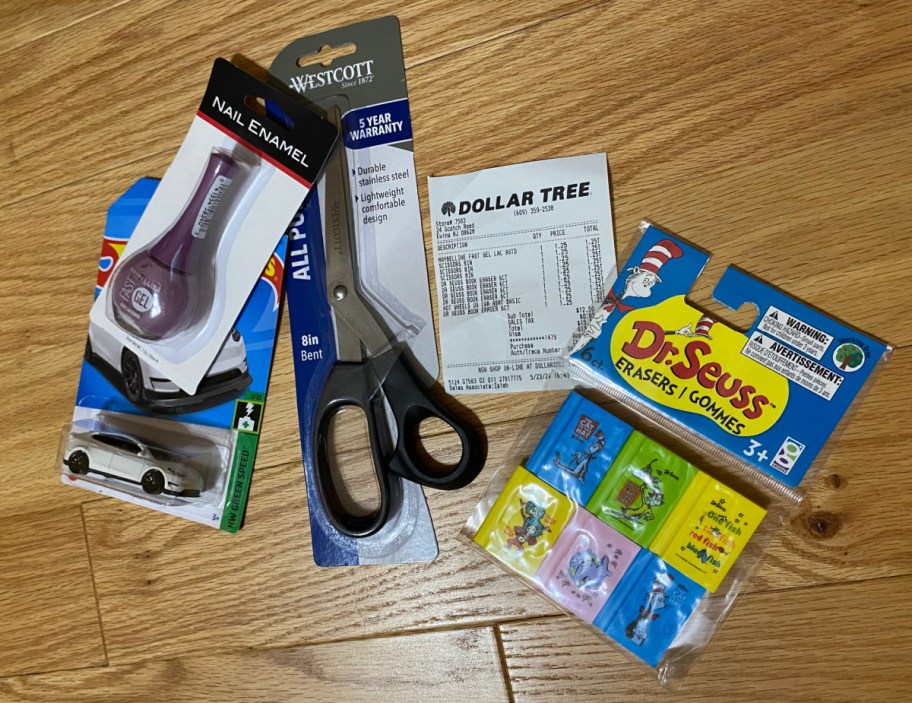 Happy Friday reader haul from Dollar Tree with receipt and scissors