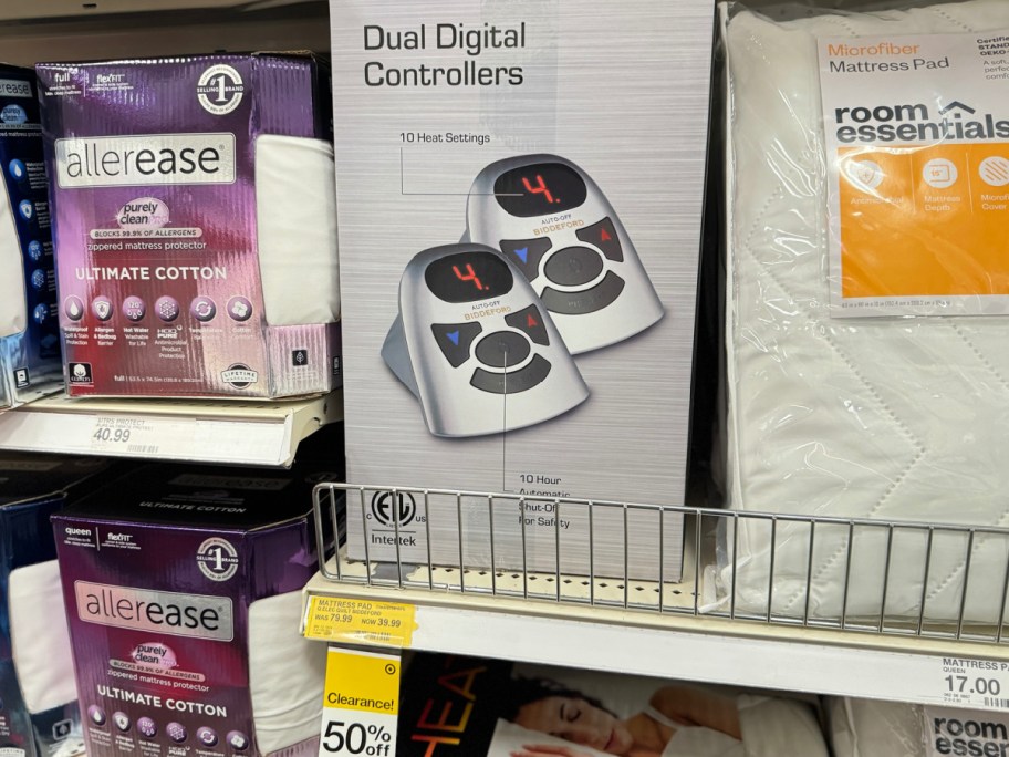 Heating mattress displayed at walmart with price tag underneath