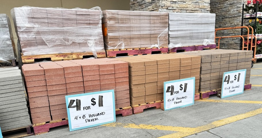 concrete pavers on pallet in front of home depot store