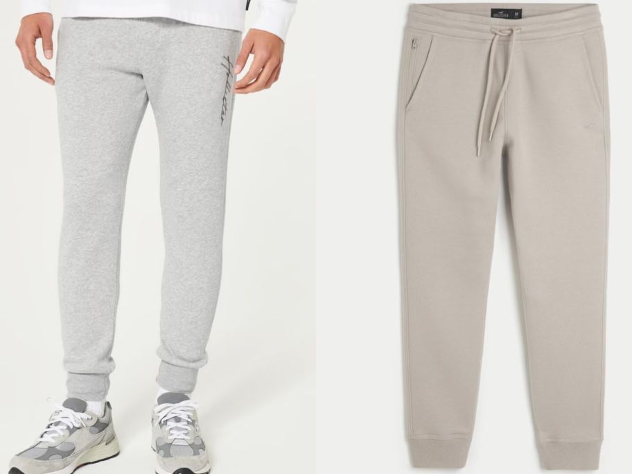 Stock images of a man wearing Hollister graphic joggers and another pair of Hollister joggers
