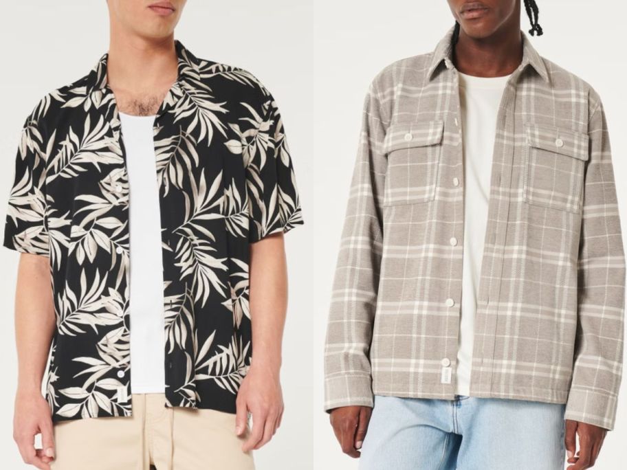 Stock images of a man wearing a tropical print Hollister shirt and another man wearing a Hollister shacket