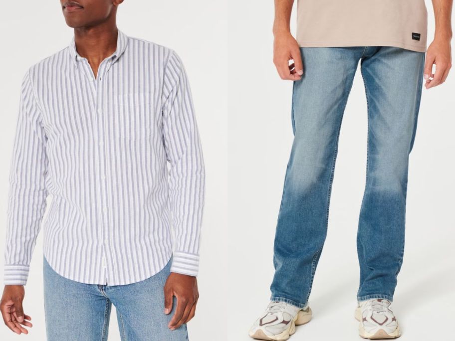 Stock image of a man wearing a Hollister Oxford shirt and another man wearing Hollister jeans