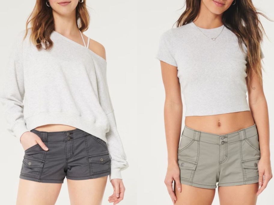 2 teen girls wearing hollister cargo shorts