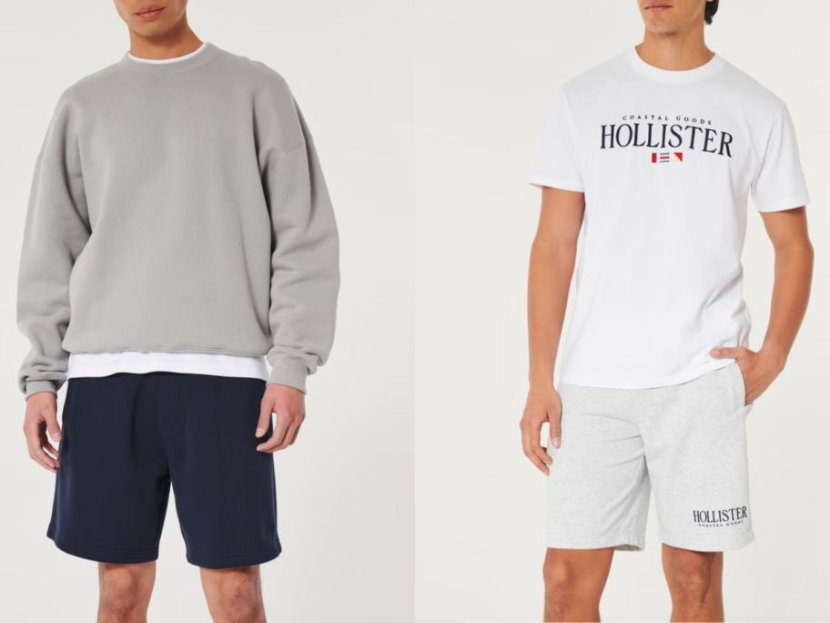 stock images of 2 men wearing Hollister fleece shorts