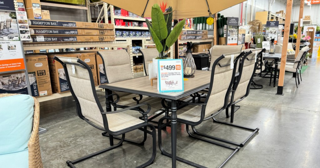 patio table at home depot with sale signage