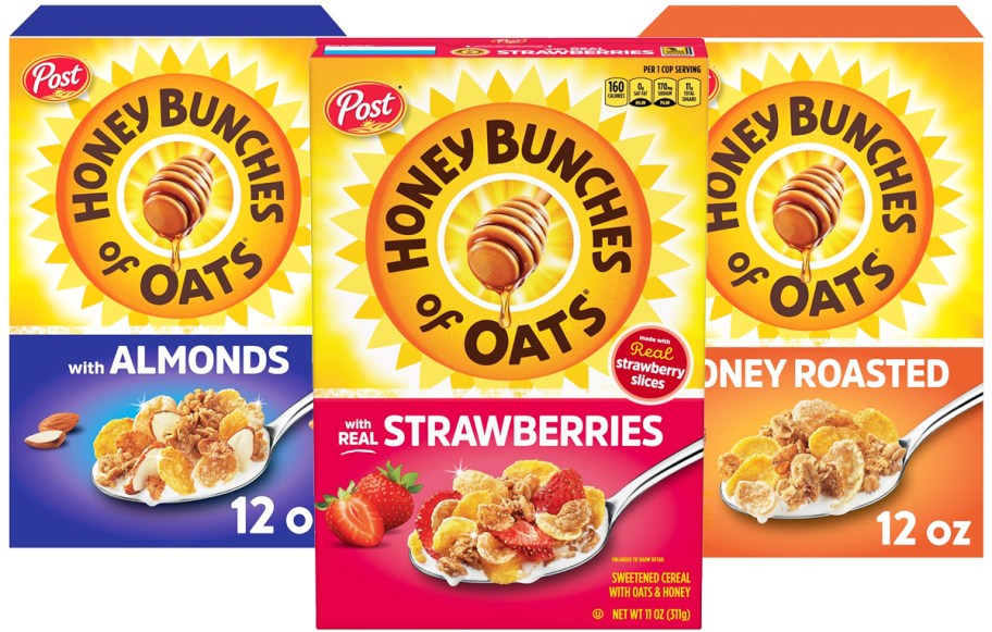 three boxes of Honey Bunches of Oats cereals