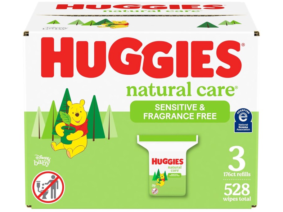 white and green box of Huggies Natural Care Sensitive Unscented Baby Wipes