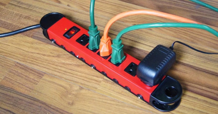 Hyper Tough 6-Outlet 15' Surge Protector with cords plugged in