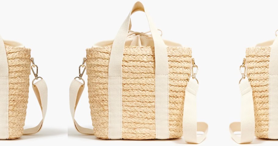 Raffia straw mini tote bag with white straps 