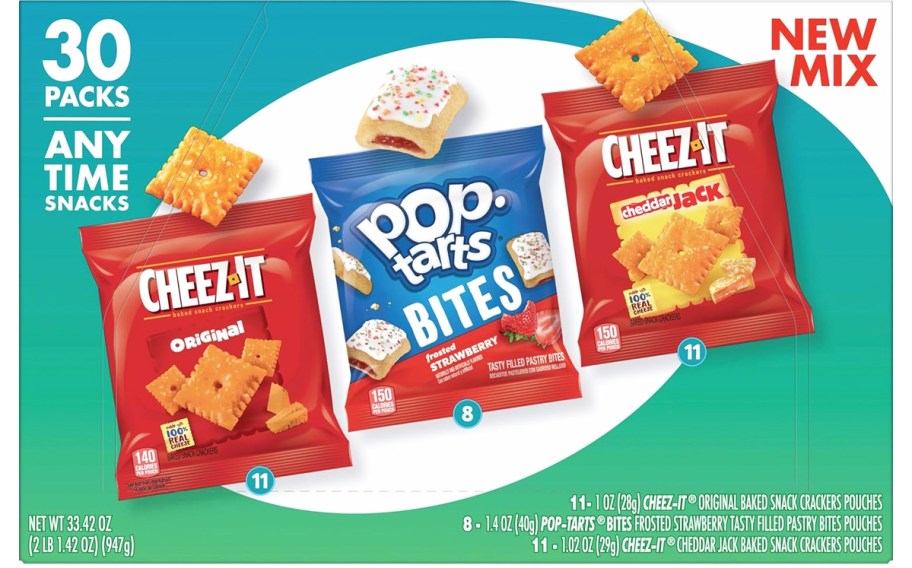 blue box of cheezits crackers in 2 flavors and pop-tarts bites