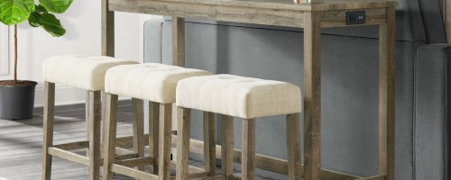 three barstools in front of a long and thin wood dining table