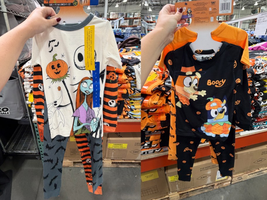 two photos of a hand holding up nightmare before christmas and bluey halloween pajamas in a store