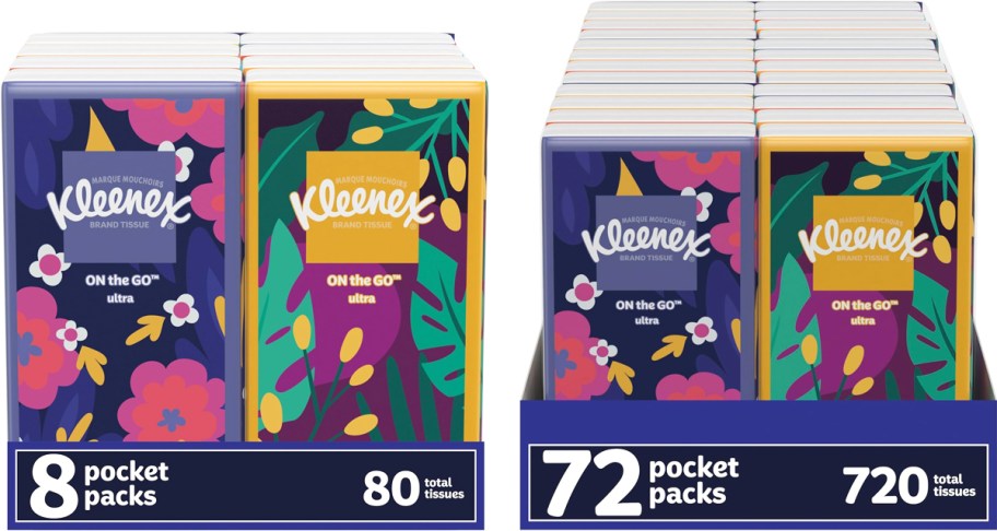 8 and 72 count sets of Kleenex Tissues On-The-Go Packs
