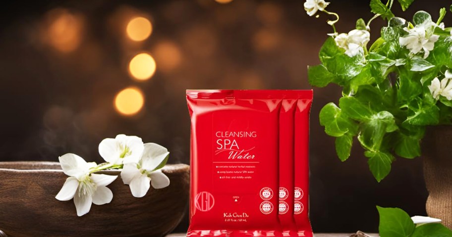 three red packs of Koh Gen Do Cleansing Water Cloths near plant