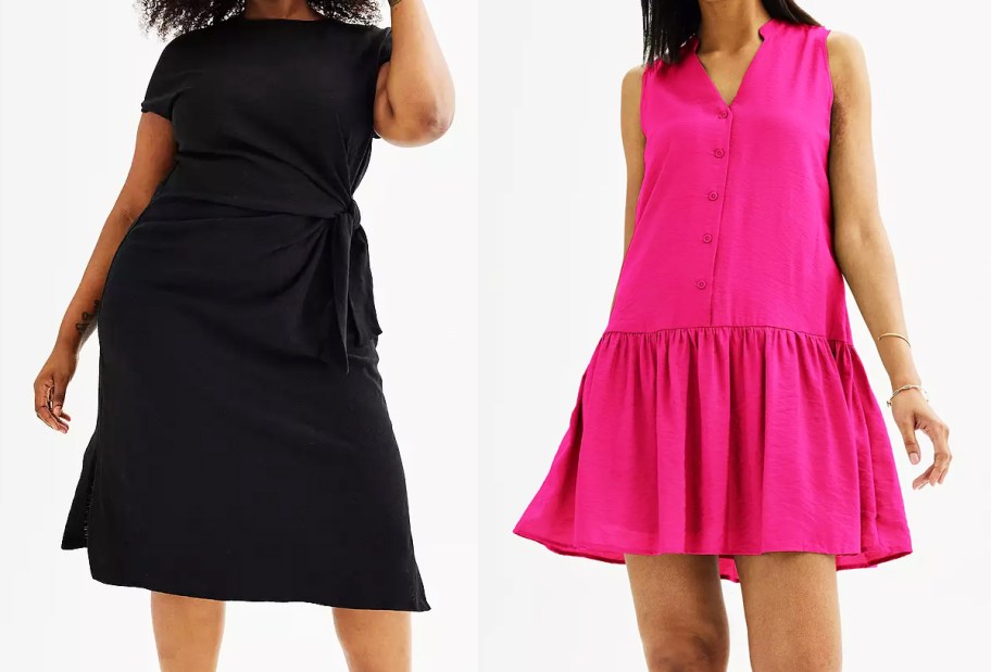 women modeling black and pink dresses