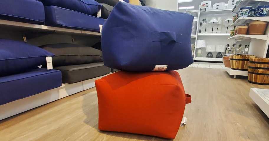 red and blue stacked poufs in kohl's store